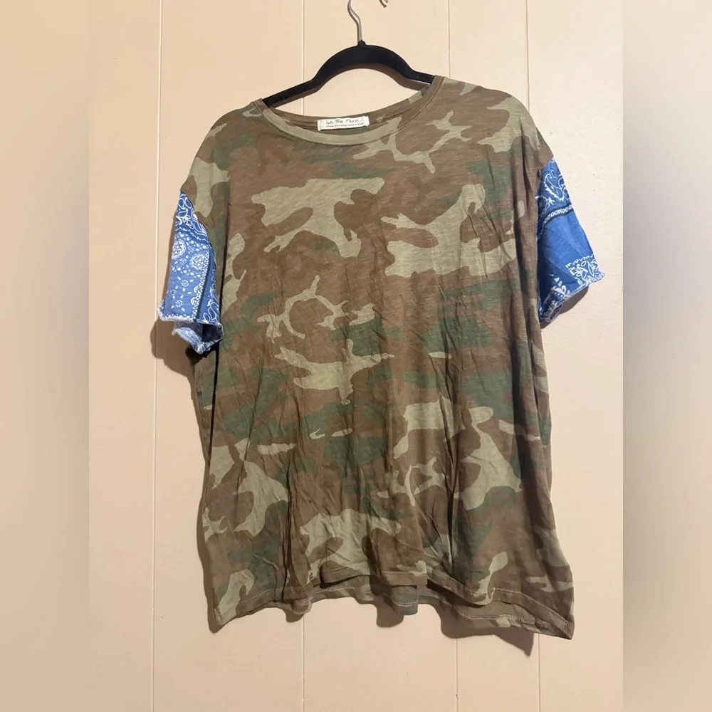 Free People Camo Tee with Blue Bandana Sleeve Accents